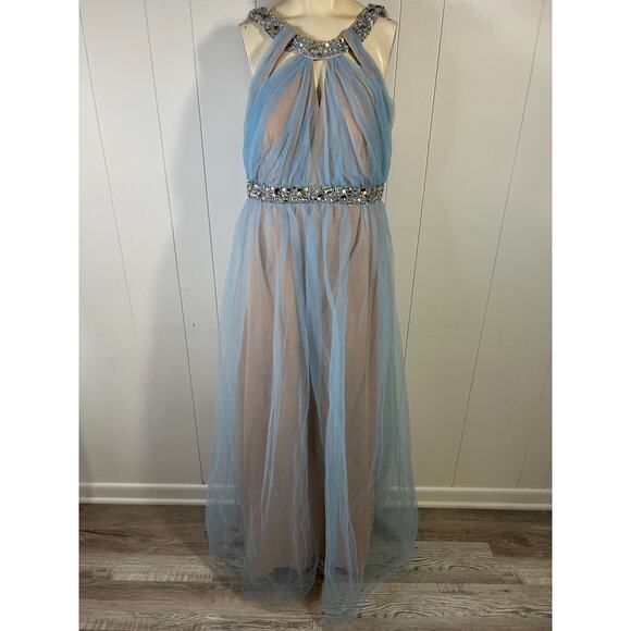 City Triangles Nude and sky blue jeweled halter top maxi Prom Dress. Size 17 - Picture 4 of 11